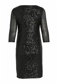 Black knee-length dress with three-quarter sleeves, covered in shiny sequins creating a sparkling effect.