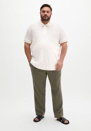 Mężczyzna z brodą, ubrany w białą koszulkę polo z krótkim rękawem, oliwkowe spodnie i czarne sandały, stojący z jedną ręką w kieszeni na białym tle.