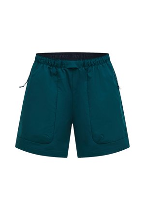 Shorts de sport bleu sarcelle foncé avec taille élastique et poches latérales zippées, conçus pour la performance et le confort.