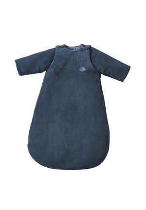 Marineblaue Langarm-Schlafsack für Babys mit Schulterdruckknöpfen und kleiner Wolkenbestickung im Brustbereich.