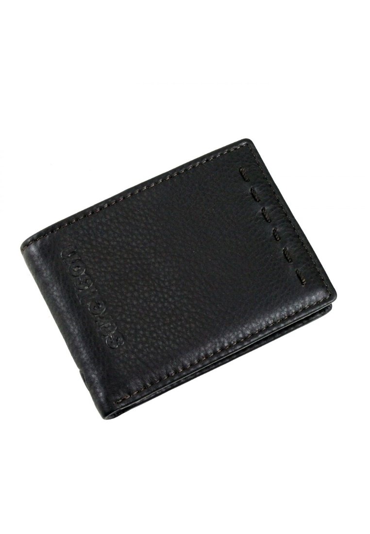 Portafoglio in pelle nera con finitura testurizzata, design pieghevole, cuciture visibili e logo impresso sulla parte anteriore. Stile compatto e elegante.