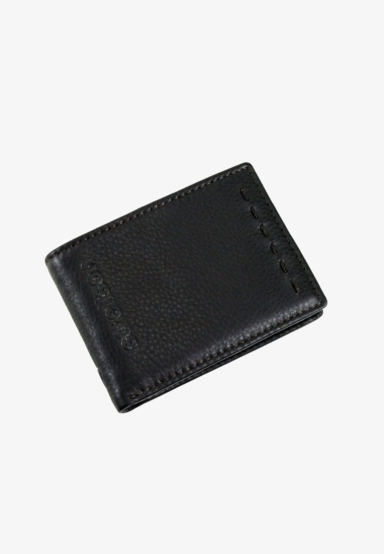 Portafoglio in pelle nera con finitura testurizzata, design pieghevole, cuciture visibili e logo impresso sulla parte anteriore. Stile compatto e elegante.