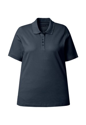 Tmavě námořnicky modrá polokošile s krátkým rukávem, límečkem a pěti knoflíkovou légou, zobrazená na bílém pozadí.