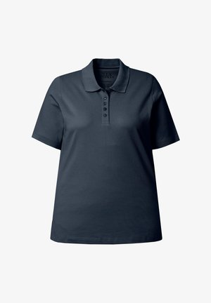 Polo à manches courtes bleu marine foncé avec col et patte de boutonnage à cinq boutons, présenté sur un fond blanc.