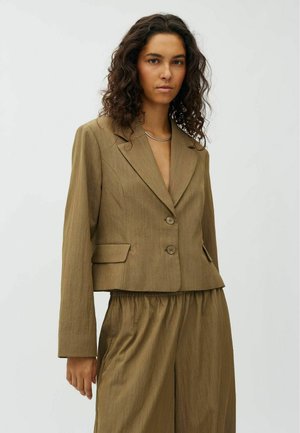 Donna con capelli scuri e ricci indossa un blazer marrone su misura con due bottoni e pantaloni larghi abbinati su uno sfondo chiaro uniforme.