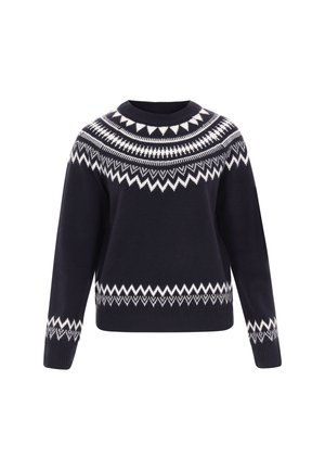 Navy sweater with a crew neck, featuring a white geometric pattern around the neckline and hem, made from a textured knit material.
