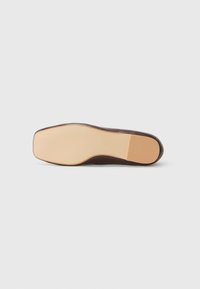 Brown shoe sole with a smooth texture, featuring a flat design and rounded edges. Light tan rubber bottom with subtle grip patterns.