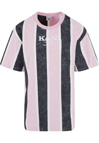 Striped t-shirt featuring pink and dark gray colors with white accents. Soft cotton material, crew neckline, and logo details on the front.