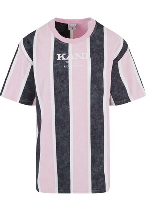 Koszulka w paski w kolorze różowym i ciemnoszarym z białymi akcentami. Wykonana z miękkiej bawełny, z okrągłym dekoltem i detalami logo z przodu.