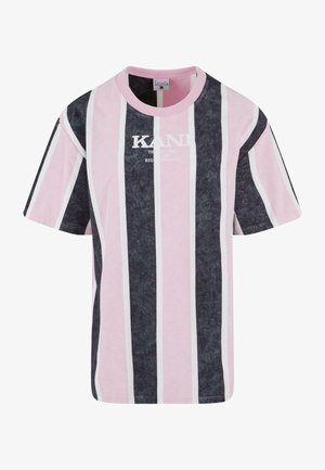 Csíkos póló, amely rózsaszín és sötétszürke színekkel rendelkezik, fehér díszítésekkel. Puha pamut anyag, kerek nyakkivágás és logó részletek az elején.