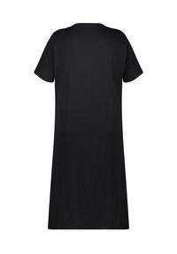 Robe noire à manches courtes en coton, offrant une coupe décontractée, un col rond et une longueur moyenne, avec une texture lisse.