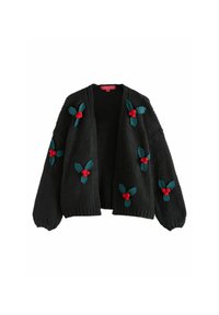 Must have must be worn to be stylish! Must wear a long, puffed sleeve cardigan with a knitted design in black that is beautifully adorned with green holly leaves and red berries. Front open design.