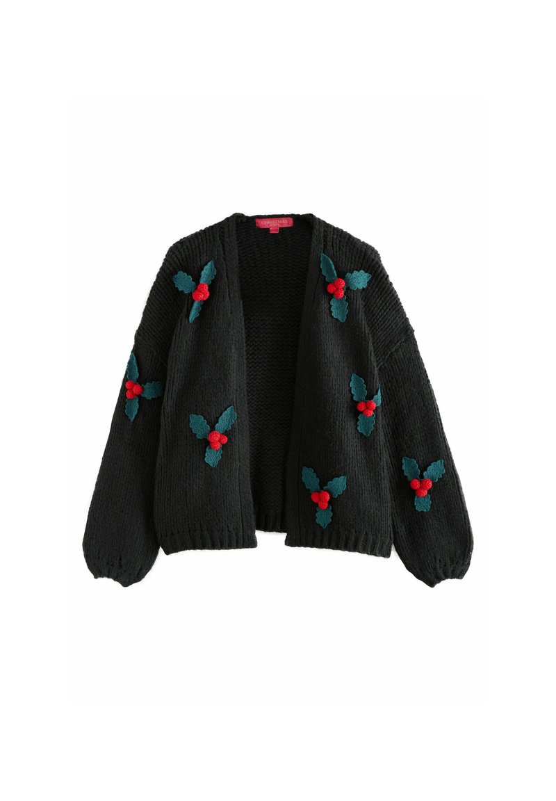 Must have must be worn to be stylish! Must wear a long, puffed sleeve cardigan with a knitted design in black that is beautifully adorned with green holly leaves and red berries. Front open design.