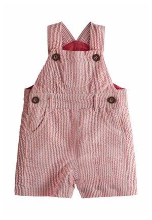 Piros-fehér csíkos rövid nadrágtartó kisgyermekeknek, elején zsebbel, két oldalsó zsebbel és gombos vállpántokkal.