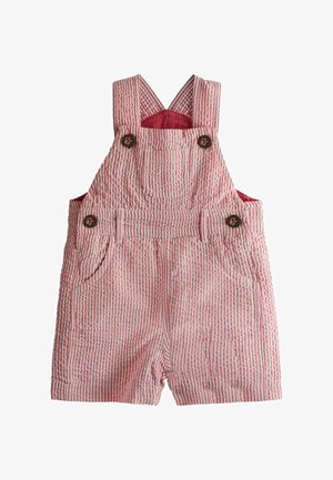 Raudonos ir baltos spalvų dryžuotos trumpomis rankovėmis vaikiškos kelnės su priekinė kišene, dviem šoninėmis kišenėmis ir užsegamomis petnešėlėmis.