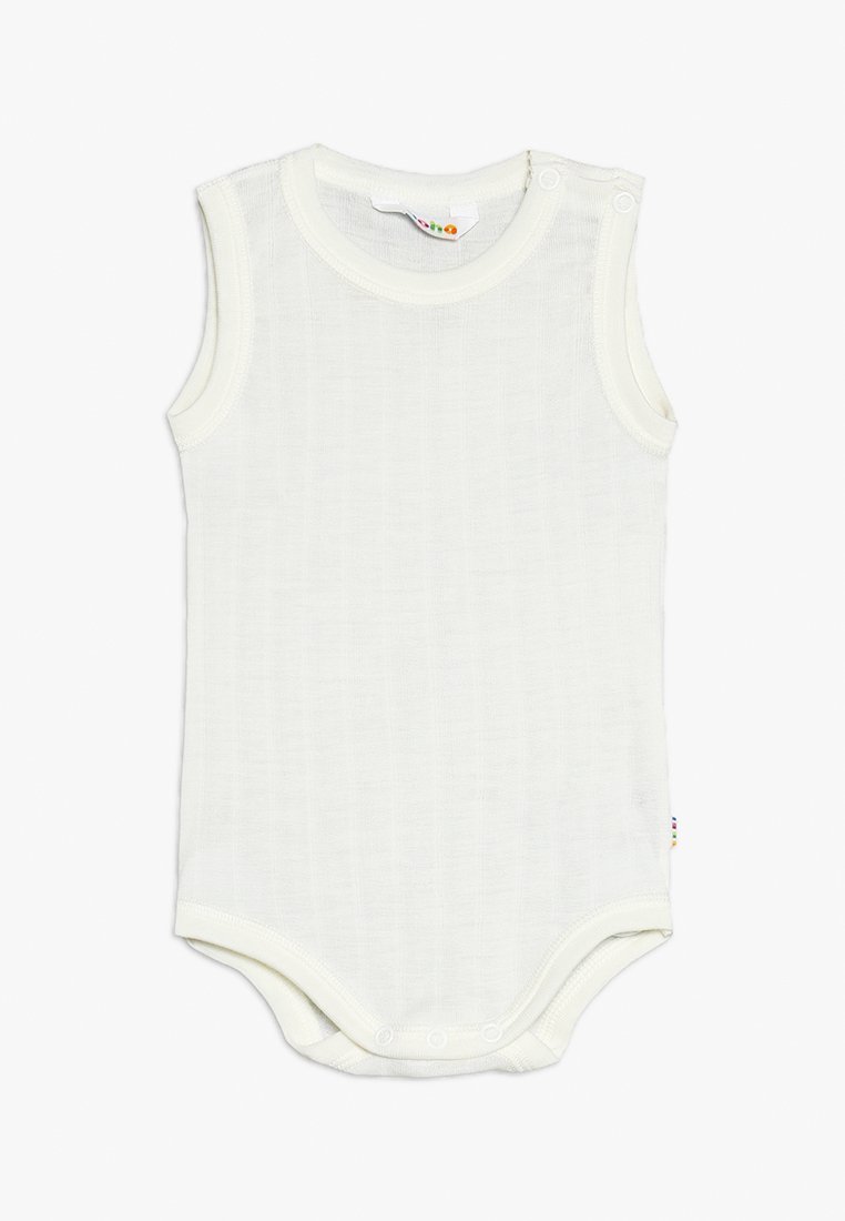 Vit ärmlös babybody i mjukt, strukturerat tyg med tryckknappar vid axeln och grenen. Enkel och funktionell design.
