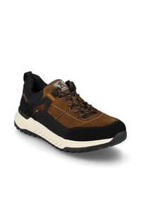 Brown and black hiking shoes with leather and textile upper, reinforced toe, patterned laces, and a white midsole. Durable rubber outsole.