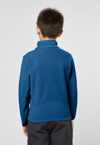 Pullover in pile blu con colletto alto e maniche lunghe. Texture liscia e orlo leggermente curvato sul retro, abbinato a pantaloni scuri.