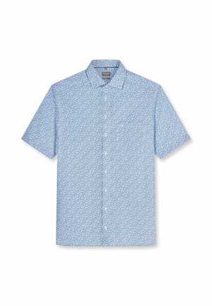 Kurzärmliges Hemd mit Knopfleiste, hellblauem Paisley-Muster und spitzem Kragen, flach auf weißem Hintergrund gelegt.