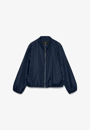 Veste bomber bleu marine en tissu lisse, avec fermeture éclair à l'avant, col côtelé, et poches latérales avec ourlet et poignets élastiques.