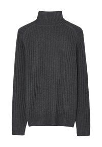 Maglione a collo alto grigio scuro a coste, con maniche lunghe e una silhouette aderente, realizzato in un materiale a maglia testurizzato.