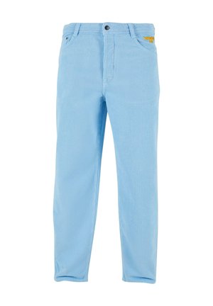 Light blue striped pants made of cotton with a slim fit, featuring a button and zipper closure and a small embroidered logo on the waistband.