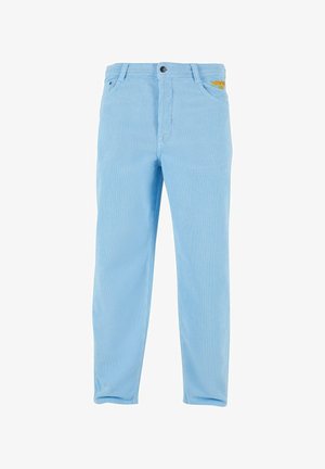 Svetlomodré pruhované nohavice z bavlny s úzkym strihom, so zapínaním na gombík a zips a malým vyšitým logom na páse.