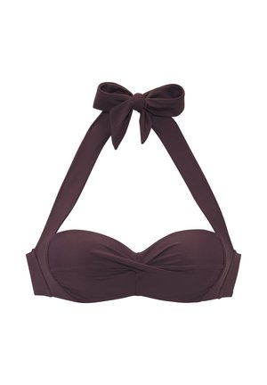 Vijoličen bikini zgornji del z vrvico za zavezovanje na vratu in zavitimi detajli na skodelicah, enobarven, brez vzorca.