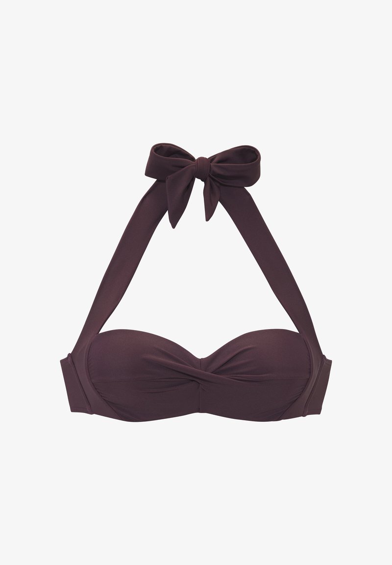 Top bikini viola a collo con un grande fiocco annodato al collo e dettaglio di tessuto intrecciato sulle coppe, colore uniforme, senza motivo.