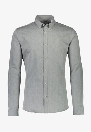 Camicia grigia a maniche lunghe, con bottone, realizzata in un tessuto testurizzato, dotata di colletto e bottoni. Presenta un orlo dritto e polsini con un bottone.