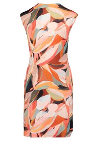 Sukienka bez rękawów z vibrantnym wzorem kwiatowym w odcieniach różu, pomarańczu i zieleni, wykonana z lekkiej tkaniny o gładkiej fakturze.