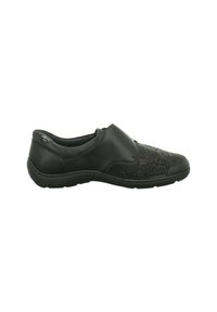 Schwarzer Slipper mit einer strukturierten synthetischen Vorderseite, glattem Leder hinten, abgerundeter Zehenform und flexibler Gummisohle.