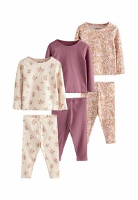 Set med 5 barnkläder: två långärmade tröjor i rosa och blommönster, kombinerat med matchande leggings. Mjuk tyg, varierande mönster.