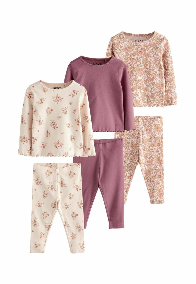 Set med 5 barnkläder: två långärmade tröjor i rosa och blommönster, kombinerat med matchande leggings. Mjuk tyg, varierande mönster.