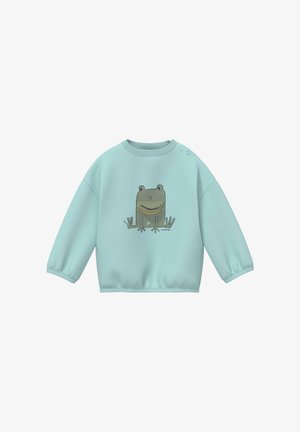 Jasnoniebieska dziecięca bluza z nadrukiem uśmiechniętej kreskówkowej żaby na przedzie i zatrzaskami na ramieniu.