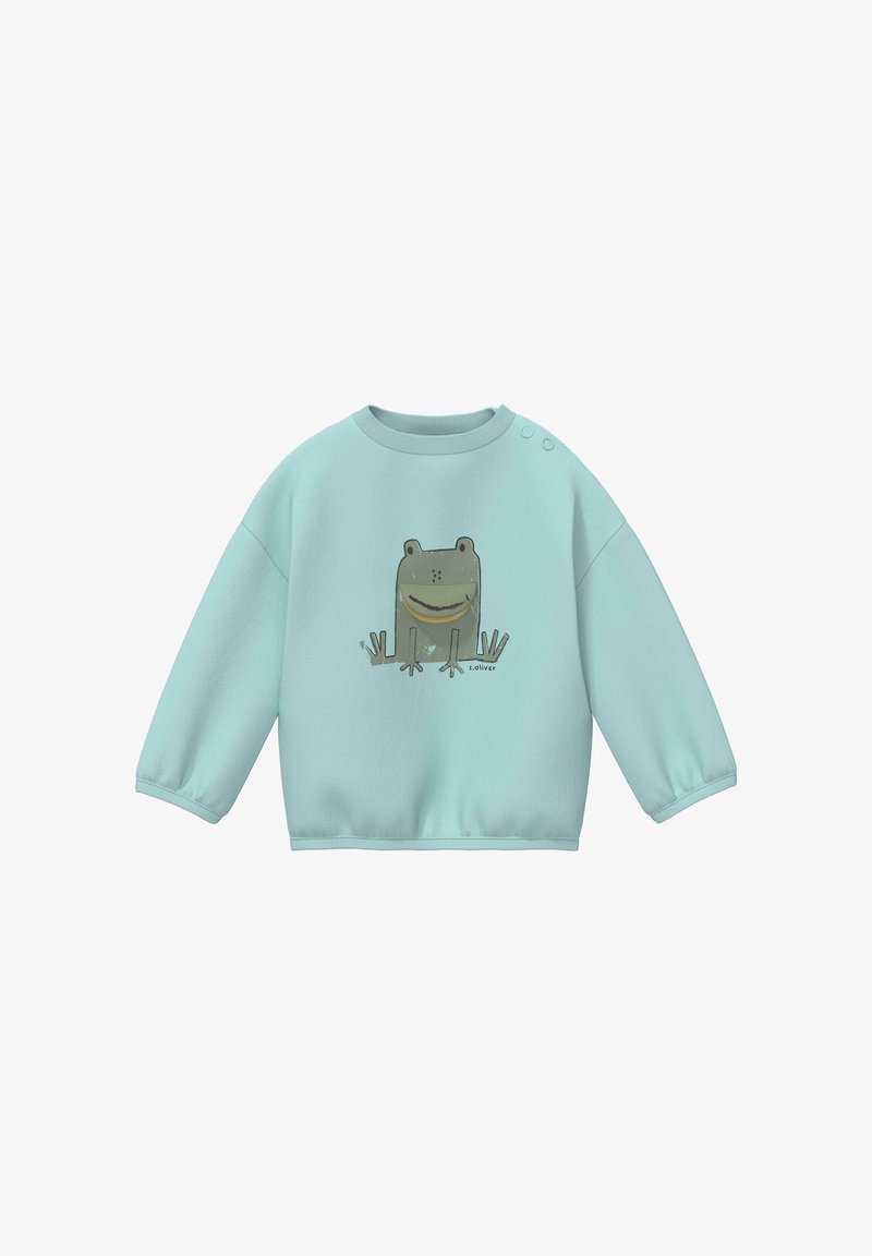 Sweat-shirt bleu clair pour enfants avec une grenouille dessinée souriante imprimée sur le devant et des boutons pression sur l'épaule.