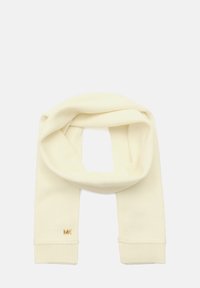 Cremefarvet strikket tørklæde med ribbet tekstur, der har en lille guldlogo-detajle i den ene ende. Blødt, langt og alsidigt design.