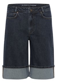 Shorts de mezclilla en azul oscuro con puños en azul claro. Presenta un diseño clásico de cinco bolsillos y un cierre de botón en la cintura.