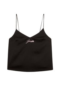 Zwarte mouwloze top met dunne bandjes, V-hals ontwerp, met roze geborduurde "Juicy" tekst en een eenvoudige, gladde stoftextuur.