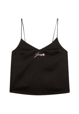 Schwarzes ärmelloses Top mit dünnen Trägern, V-Ausschnitt-Design, mit pinkem gesticktem "Juicy"-Text und einfacher, glatter Stoffstruktur.