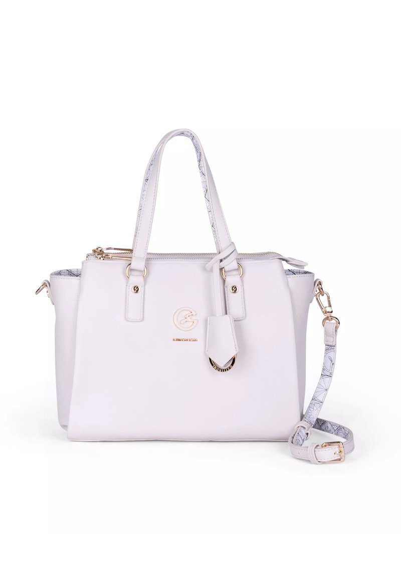 Borsa a tracolla sintetica bianca con doppi manici, una tracolla rimovibile, accessori in oro e un logo decorativo. Fodera interna texturizzata.