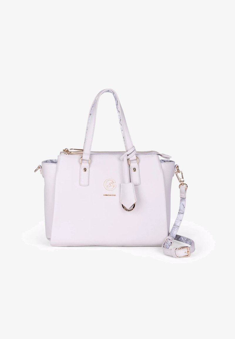 Borsa a tracolla sintetica bianca con doppi manici, una tracolla rimovibile, accessori in oro e un logo decorativo. Fodera interna texturizzata.