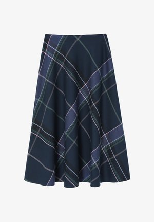 Kratka A-linijska krila do kolen v temno modri barvi, ki ima karirano vzorčenje z zelenimi, vijoličnimi in črnimi linijami. Mehka tekstura in brez vidnih zaponk.