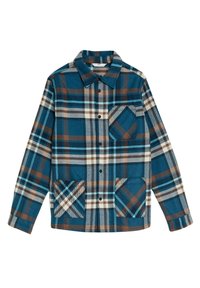 Blåternet skjorte med brune og hvide detaljer, to frontlommer, knaplukning og krave i et blødt, tekstureret stof.