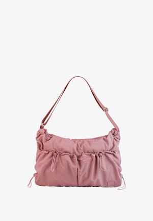 Pink fabric shoulder bag with gathered texture, two front pockets, adjustable strap, and drawstring accents on the sides.