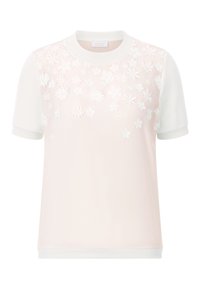 Helles rosa Kurzarmoberteil mit floraler Stickerei, strukturiertem Körper und weißen Ärmeln sowie Kragen. Leichter Stoff, lockere Passform.