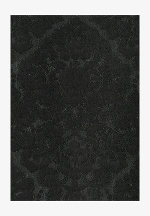 Black textured fabric featuring a subtle floral damask pattern, with a smooth finish and intricate detailing throughout.