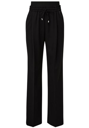 Zwarte, wijde broek met een elastische tailleband, verstelbaar trekkoord en metallic accenten. Gemaakt van een soepele, lichtgewicht stof.