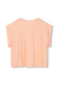 Camisa de algodón corta de manga corta en color melocotón, con un corte relajado y un escote amplio; textura suave y diseño minimalista.