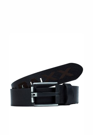 Black leather belt with a metal buckle and embossed "BAXX" lettering on the strap's end, rolled with the buckle in front.